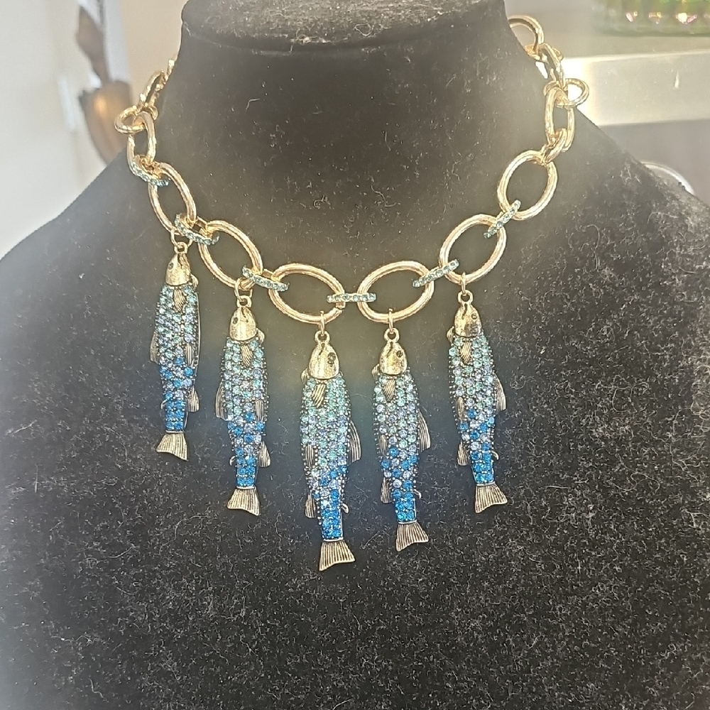 Betsey Johnson Gold-Tone Necklace with Blue Crystal Fish Charms